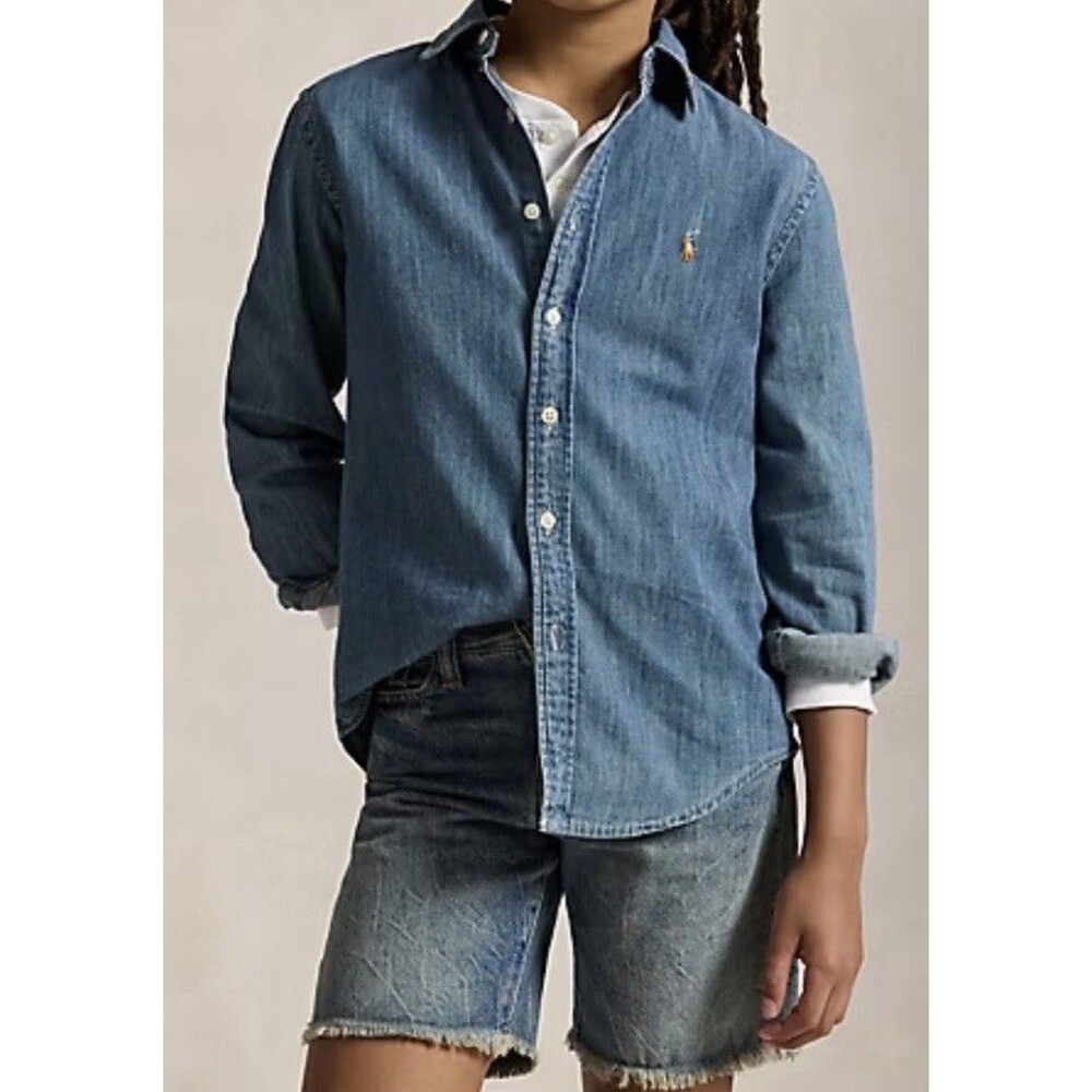 Ralph Lauren Shirt Boys 8 Small Blue Chambray Cotton Button Down Long Sleeve